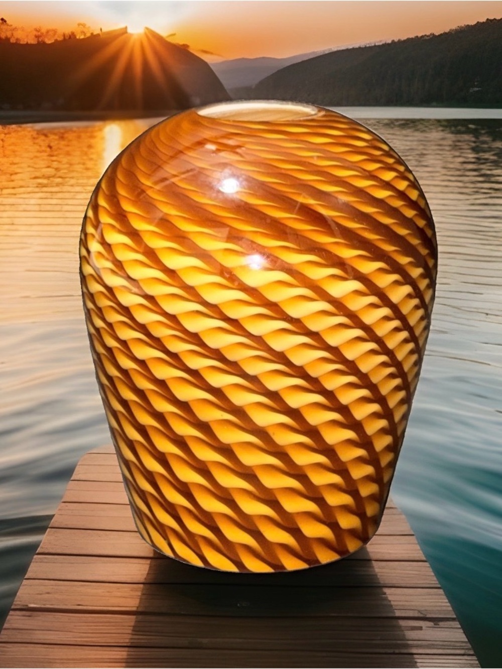 Amber Yellow Swirl Art Glass Lamp Shade Ribbed Hand Blown Replacement Globe 6"